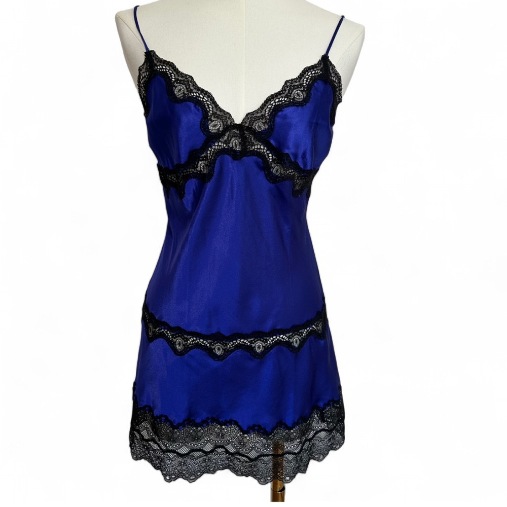 Victoria's Secret Coquette Purple-Blue w/ Black Lace Slip Chemise Dress - Medium
